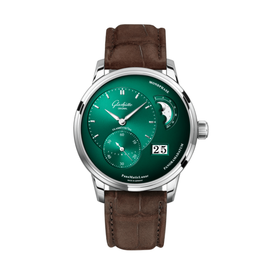 Glashuette Original Pano Matic Lunar 40 mm Green Dial Stainless Steel Louisiana   Nubuk Leather Strap, Brown 1-90-02-13-32-62