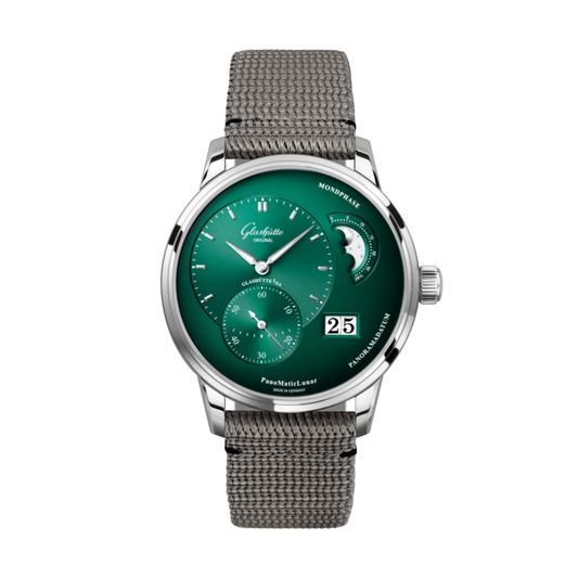 Glashuette Original Pano Matic Lunar 40 mm Green Dial Stainless Steel Synthetic, Grey Strap 1-90-02-13-32-66