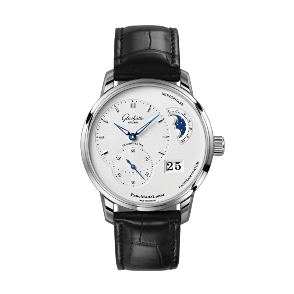 Glashuette Original Pano Matic Lunar 40 mm Silver  Dial Stainless Steel Louisiana   Leather Strap, Black 1-90-02-42-32-61