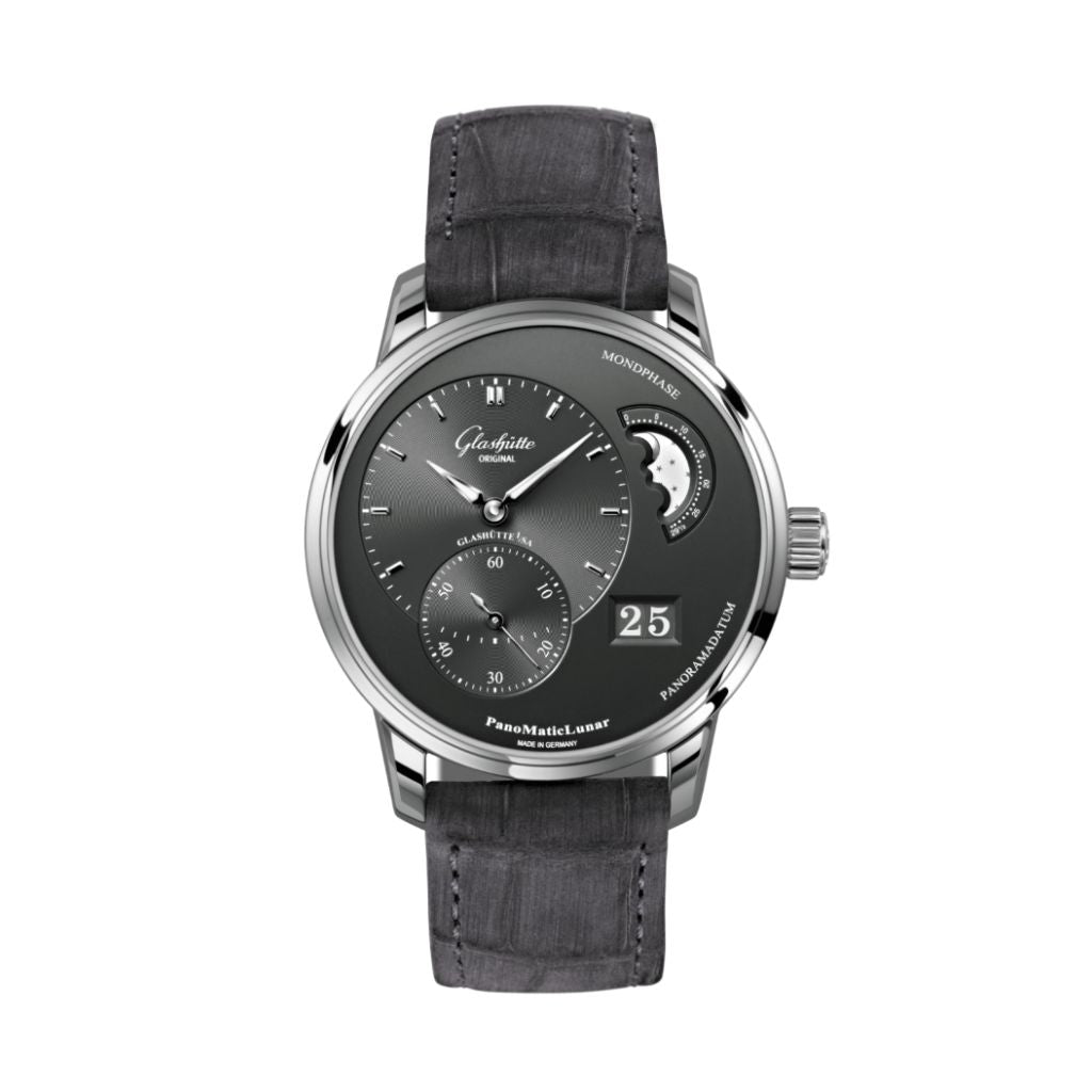 Glashuette Original PanoMaticLunar 40 mm Galvanized Ruthenium Dial Stainless Steel Louisiana   Nubuk Leather Strap 1-90-02-43-32-62