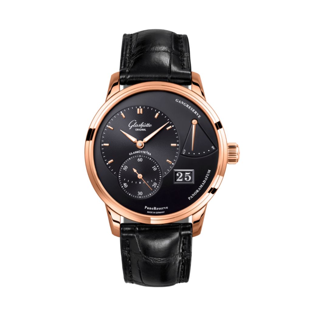 Glashuette Original PanoReserve 40 mm Galvanized Black Dial Red Gold Louisiana   Nubuk Leather Strap 1-65-01-29-15-61