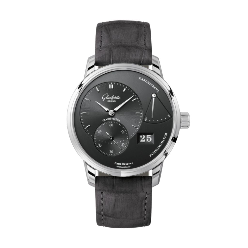 Glashuette Original PanoReserve 40 mm Galvanized Ruthenium Dial Stainless Steel Louisiana   Nubuk Leather Strap 1-65-01-23-12-62