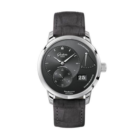 Glashuette Original PanoReserve 40 mm Galvanized Ruthenium Dial Stainless Steel Louisiana   Nubuk Leather Strap 1-65-01-23-12-62