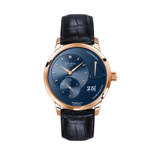 Glashuette Original PanoReserve 40 mm Radiant Blue Dial Red Gold Louisiana   Nubuk Leather Strap 1-65-01-04-15-61
