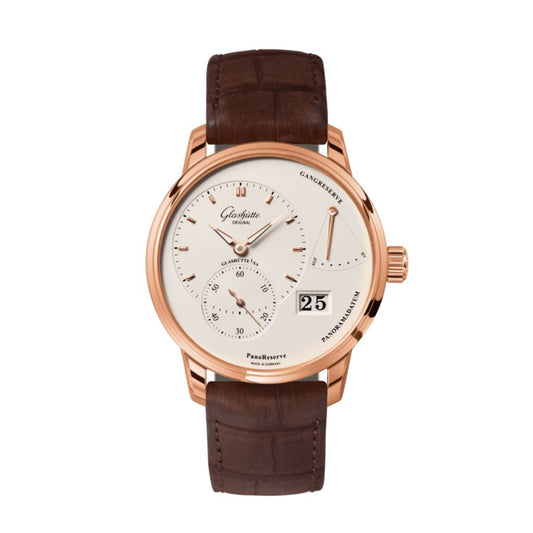 Glashuette Original PanoReserve 40 mm Silver Galvanized Dial Red Gold Louisiana   Nubuk Leather Strap 1-65-01-25-15-62