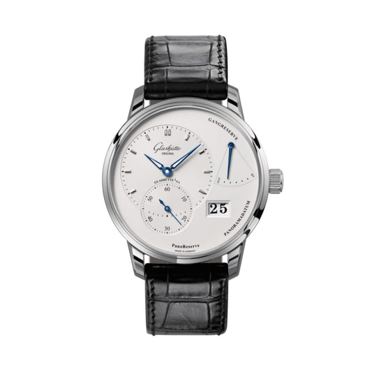Glashuette Original PanoReserve 40 mm Silver Galvanized Dial Stainless Steel Louisiana   Leather Strap 1-65-01-22-12-61