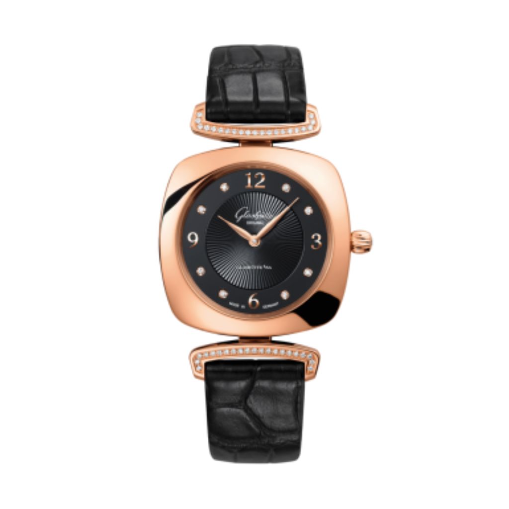 Glashuette Original Pavonina 31 mm Galvanized Black Dial 18k Rose Gold Louisiana   Leather Strap 1-03-02-09-05-30