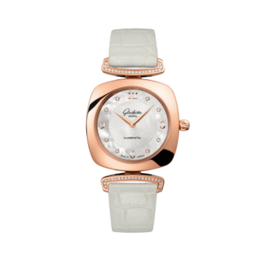 Glashuette Original Pavonina 31 mm Mother-Of-Pearl White Dial Red Gold Louisiana   Leather Strap 1-03-02-04-05-30