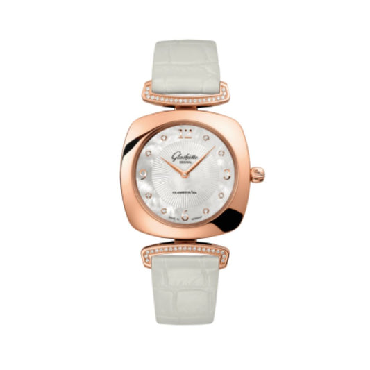 Glashuette Original Pavonina 31 mm Mother-Of-Pearl White Dial Red Gold Louisiana   Leather Strap 1-03-02-04-05-30