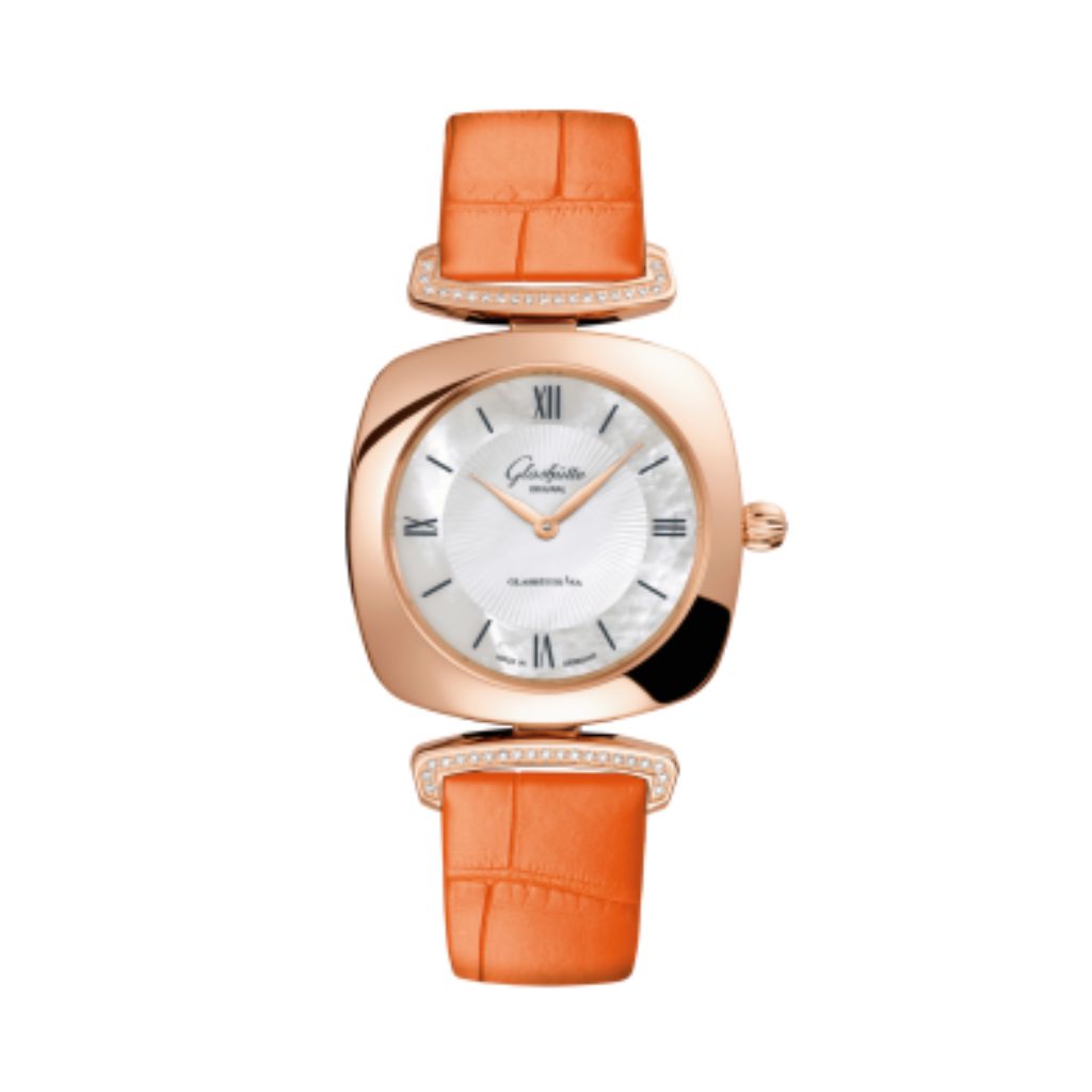 Glashuette Original Pavonina 31 mm Mother-Of-Pearl White Dial Red Gold Louisiana   Leather Strap 1-03-02-05-05-31