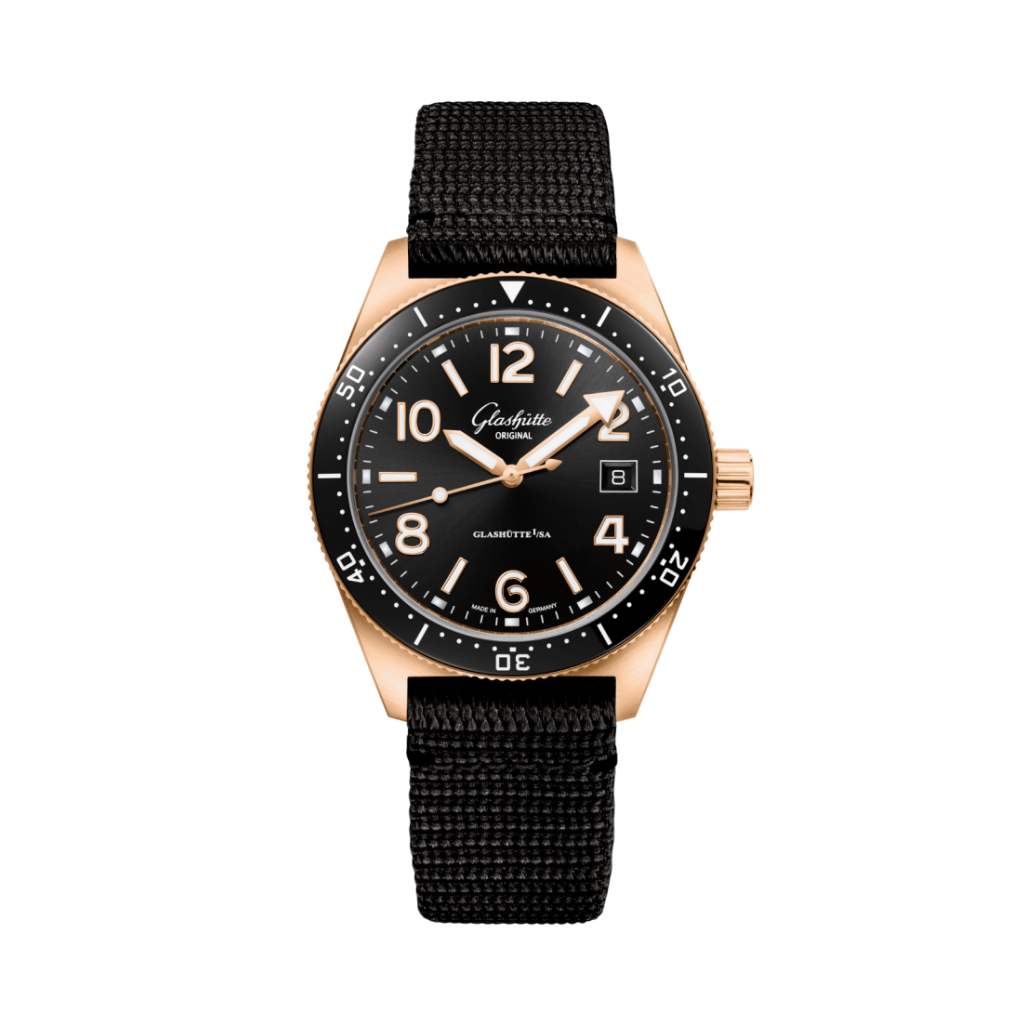 Glashuette Original SeaQ 39.50 mm Black Dial Red Gold Synthetic Strap, Black 1-39-11-17-91-35