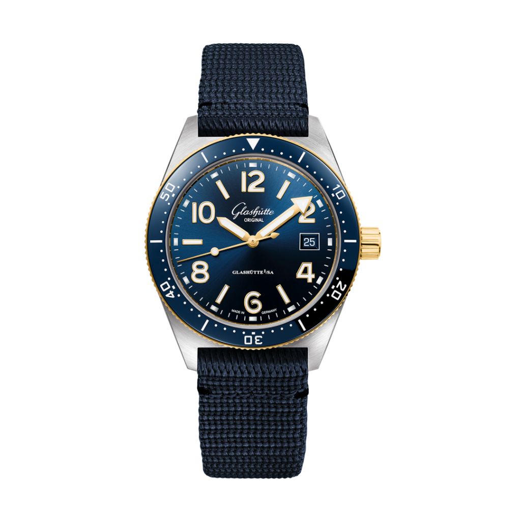 Glashuette Original SeaQ 39.50 mm Blue Dial Stainless Steel and 18k Yellow Gold Synthetic Strap, Blue 1-39-11-10-90-34