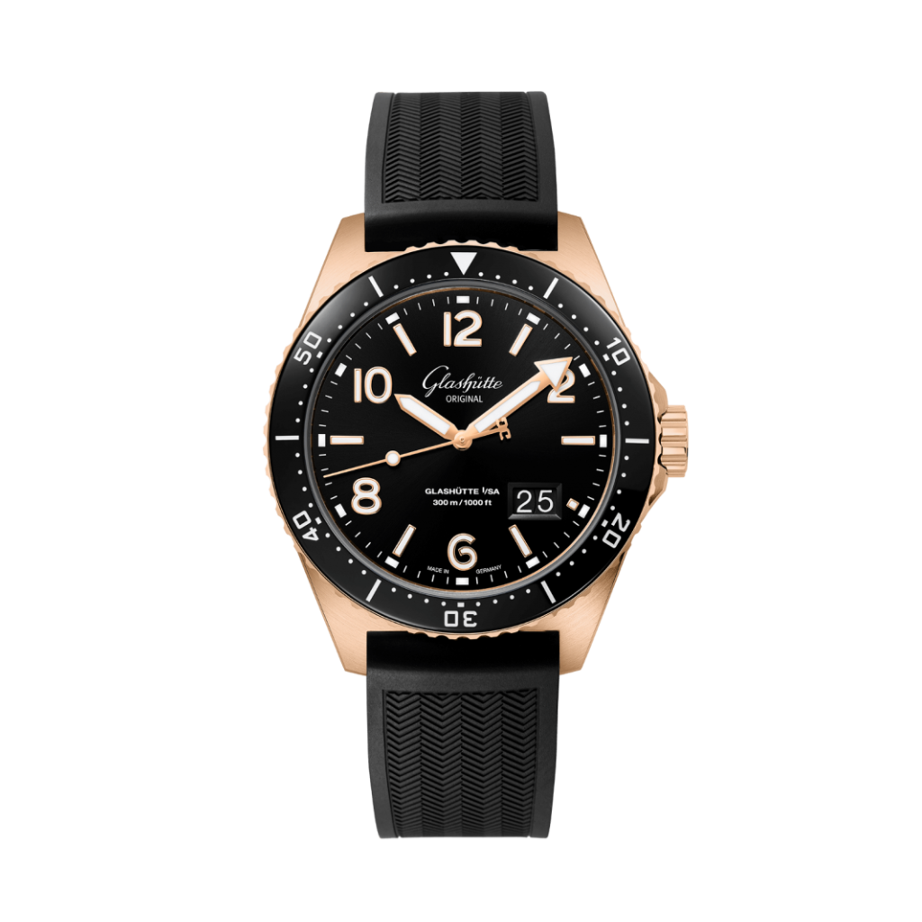 Glashuette Original SeaQ Panorama Date 43.20 mm Black Dial Red Gold Rubber Strap, Black 1-36-13-03-90-33