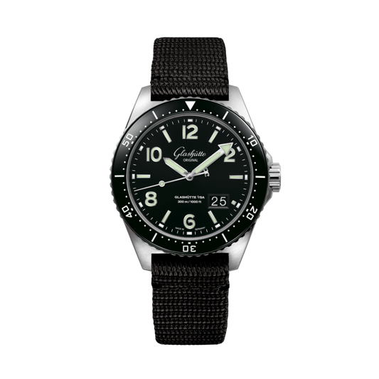 Glashuette Original SeaQ Panorama Date 43.20 mm Black Dial Stainless Steel Synthetic Strap, Black 1-36-13-01-80-35