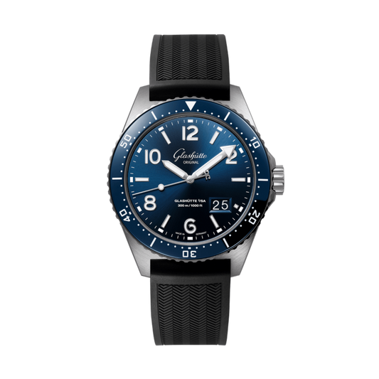 Glashuette Original SeaQ Panorama Date 43.20 mm Blue Dial Stainless Steel Rubber Strap, Black 1-36-13-02-81-33