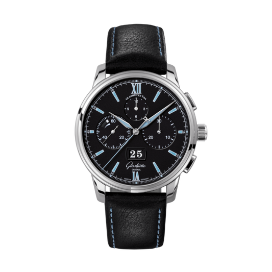 Glashuette Original Senator Chronograph Panorama Date 42 mm Black Dial Stainless Steel   Strap, Black 1-37-01-03-02-35
