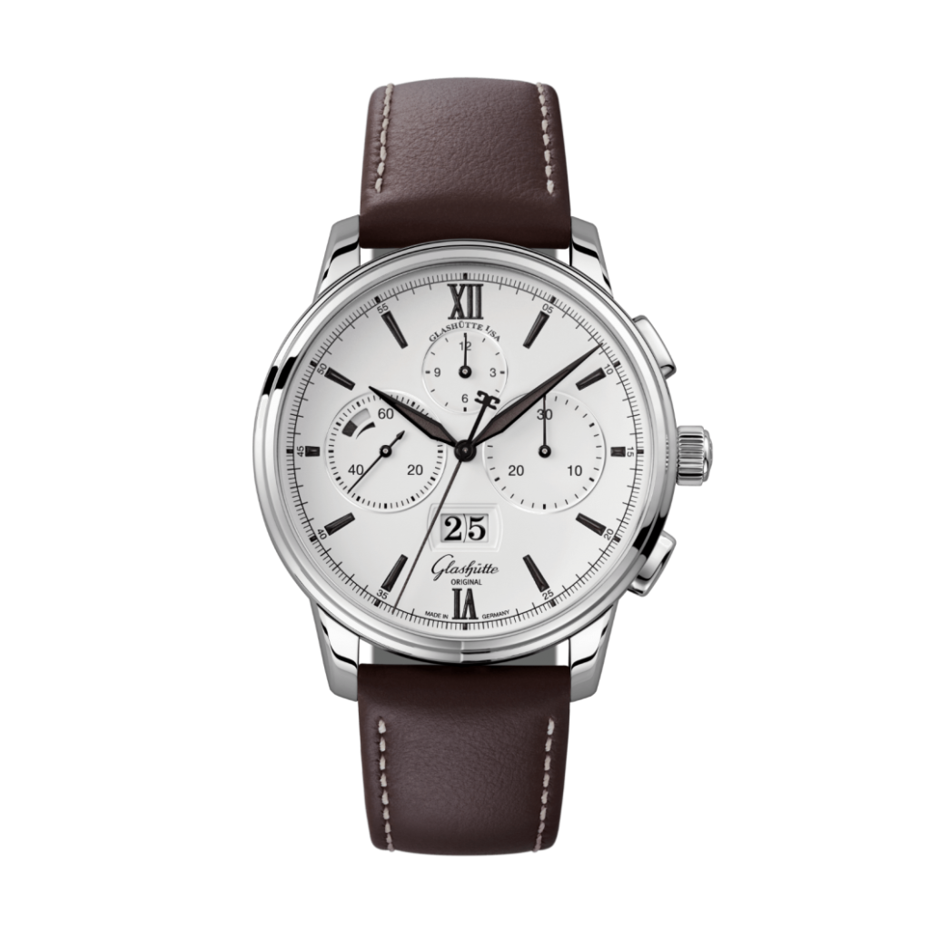 Glashuette Original Senator Chronograph Panorama Date 42 mm White Dial Stainless Steel   Strap, Brown 1-37-01-05-02-35