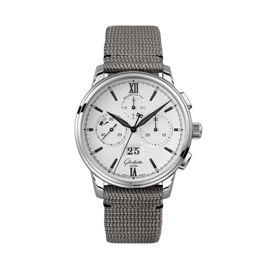 Glashuette Original Senator Chronograph Panorama Date 42 mm White Dial Stainless Steel Synthetic Strap, Grey 1-37-01-05-02-36