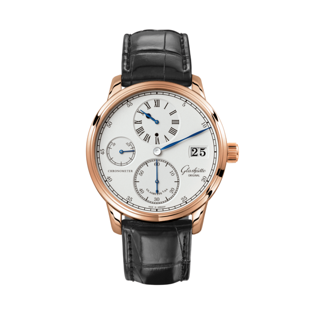 Glashuette Original Senator Chronometer Regulator 42 mm Silver Dial Red Gold Louisiana   Leather Strap, Black 1-58-04-04-05-04