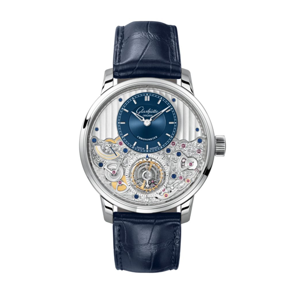 Glashuette Original Senator Chronometer Tourbillon 42 mm Galvanized Blue Dial Platinum Louisiana   Leather Strap, Blue 1-58-05-01-03-30