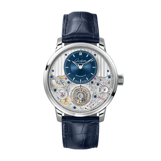 Glashuette Original Senator Chronometer Tourbillon 42 mm Galvanized Blue Dial Platinum Louisiana   Leather Strap, Blue 1-58-05-01-03-30