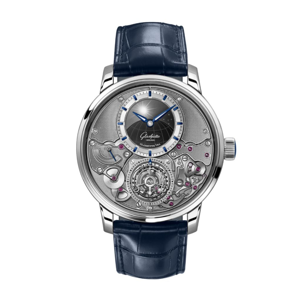 Glashuette Original Senator Chronometer Tourbillon 42 mm Silver Dial Platinum Louisiana   Leather Strap, Blue 1-58-06-01-03-61