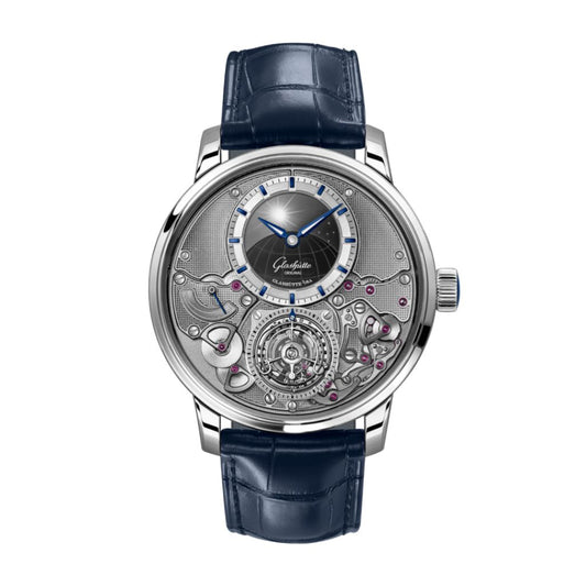 Glashuette Original Senator Chronometer Tourbillon 42 mm Silver Dial Platinum Louisiana   Leather Strap, Blue 1-58-06-01-03-61