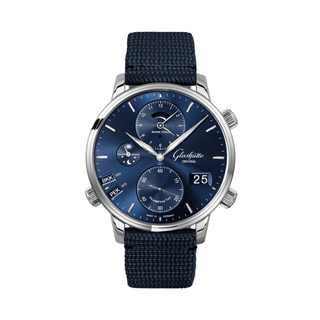 Glashuette Original Senator Cosmopolite 44 mm Blue Dial Stainless Steel Synthetic, Blue Strap 1-89-02-05-02-64