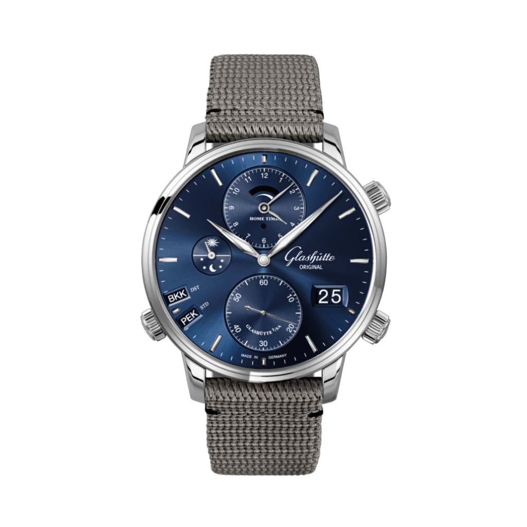 Glashuette Original Senator Cosmopolite 44 mm Blue Dial Stainless Steel Synthetic, Grey Strap 1-89-02-05-02-66