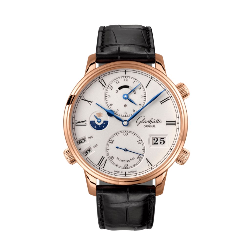Glashuette Original Senator Cosmopolite 44 mm White Dial Red Gold Louisiana   Leather Strap, Black 1-89-02-01-05-61