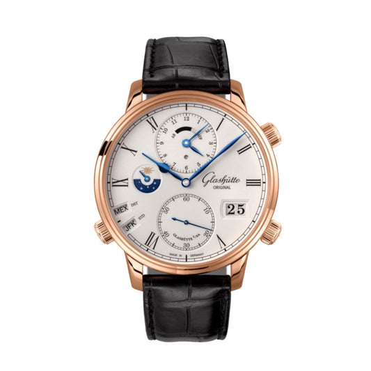 Glashuette Original Senator Cosmopolite 44 mm White Dial Red Gold Louisiana   Leather Strap, Black 1-89-02-01-05-61