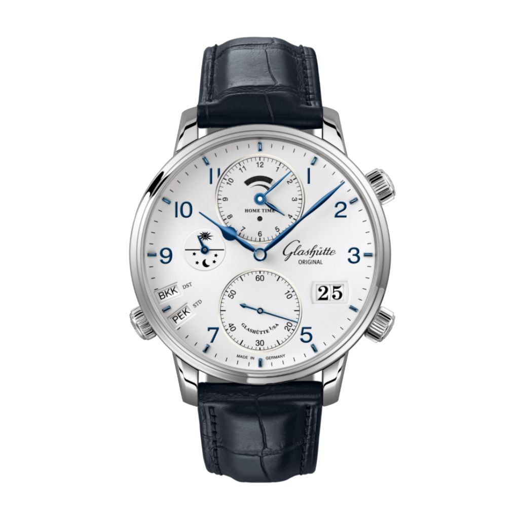 Glashuette Original Senator Cosmopolite 44 mm White Dial Stainless Steel Louisiana   Leather Strap, Blue 1-89-02-03-02-61