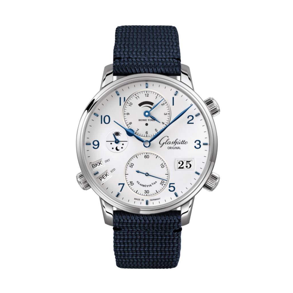 Glashuette Original Senator Cosmopolite 44 mm White Dial Stainless Steel Synthetic, Blue Strap 1-89-02-03-02-64