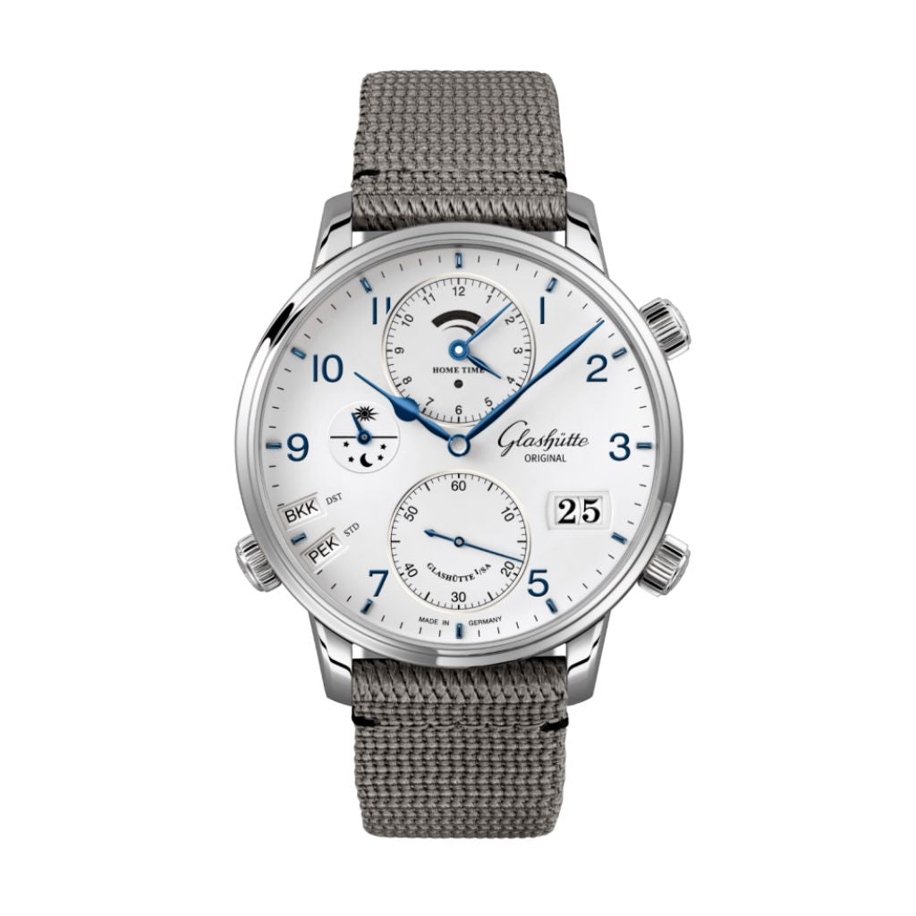 Glashuette Original Senator Cosmopolite 44 mm White Dial Stainless Steel Synthetic, Grey Strap 1-89-02-03-02-66