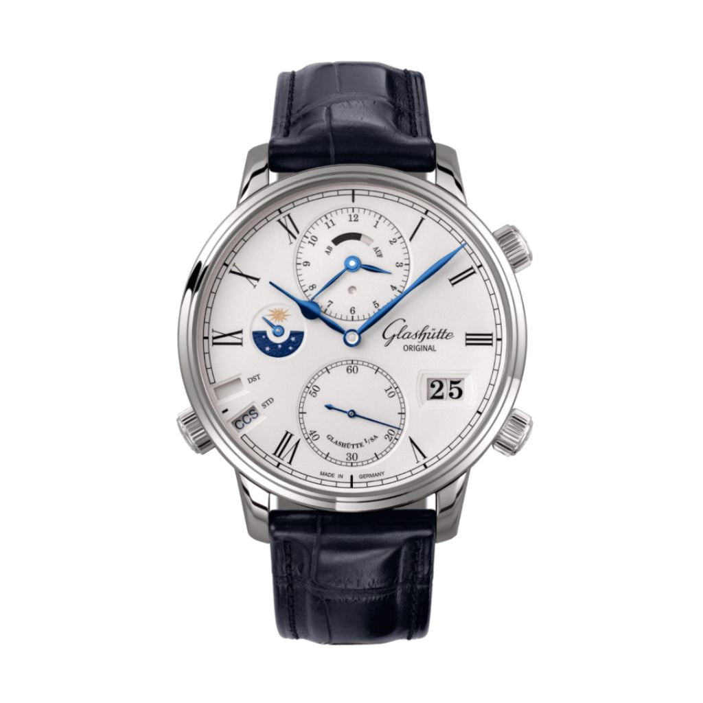 Glashuette Original Senator Cosmopolite 44 mm White Dial White Gold Louisiana   Leather Strap, Blue 1-89-02-01-04-30