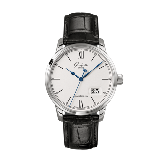 Glashuette Original Senator Excellence Panorama Date 40 mm White Dial Stainless Steel Louisiana   Leather Strap, Black 1-36-03-01-02-61
