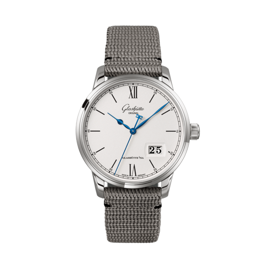 Glashuette Original Senator Excellence Panorama Date 40 mm White Dial Stainless Steel Synthetic Strap, Grey 1-36-03-01-02-66