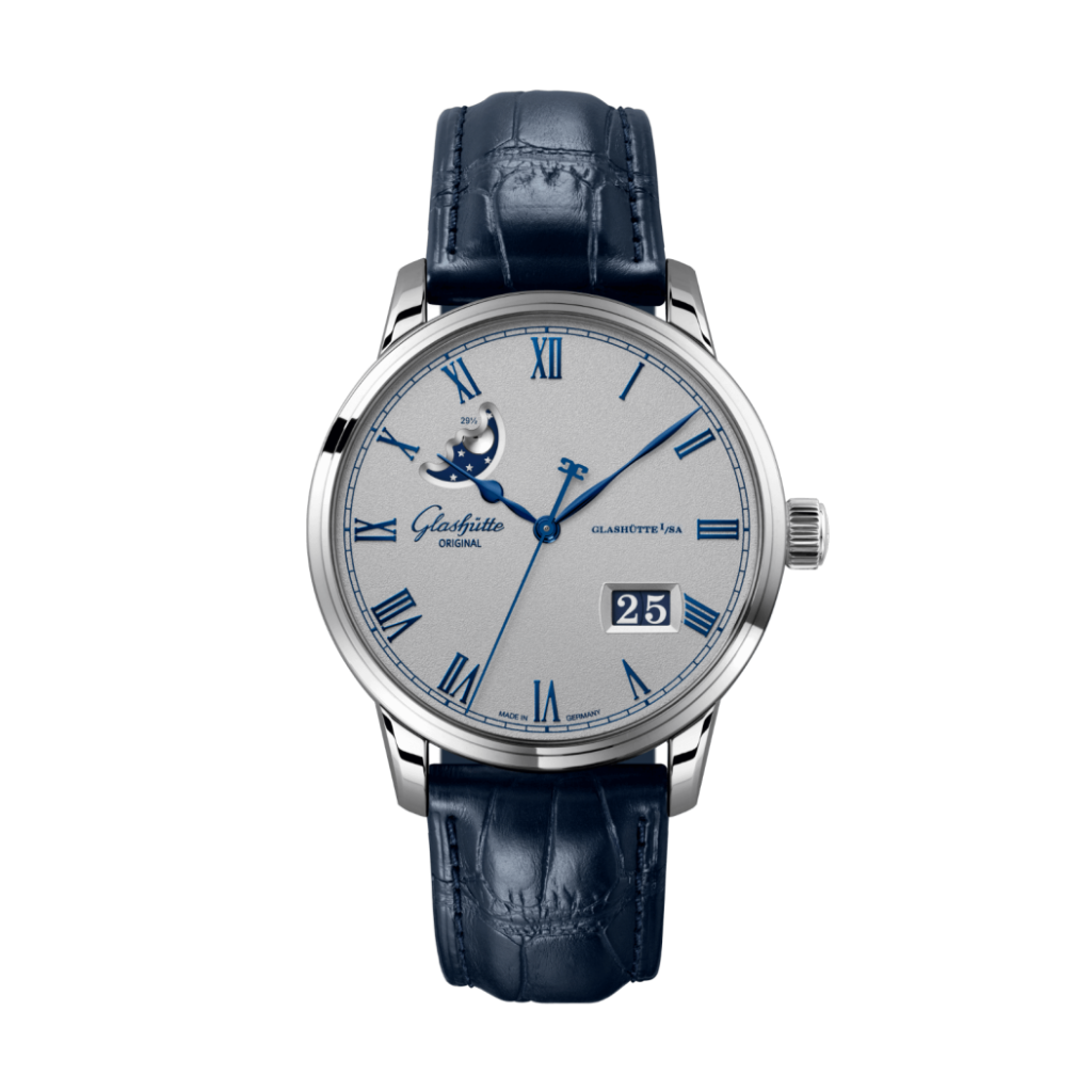 Glashuette Original Senator Excellence Panorama Date Moon Phase 40 mm Grey Dial Stainless Steel Louisiana   Leather Strap, Blue 1-36-24-02-02-61