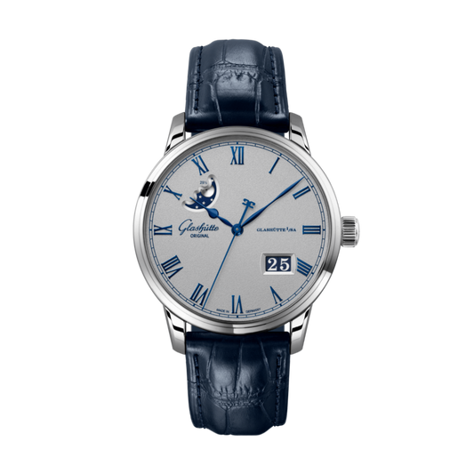 Glashuette Original Senator Excellence Panorama Date Moon Phase 40 mm Grey Dial Stainless Steel Louisiana   Leather Strap, Blue 1-36-24-02-02-61