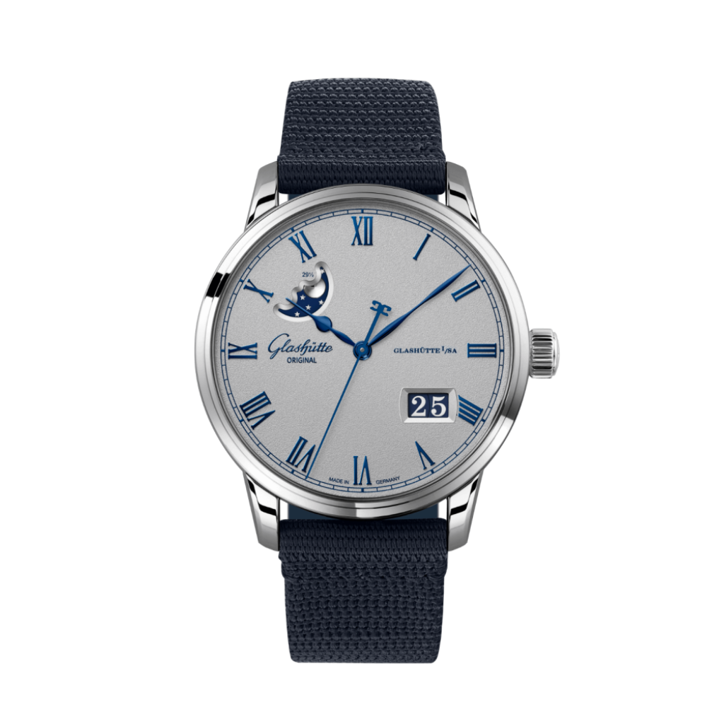 Glashuette Original Senator Excellence Panorama Date Moon Phase 40 mm Grey Dial Stainless Steel Synthetic Strap, Blue 1-36-24-02-02-64