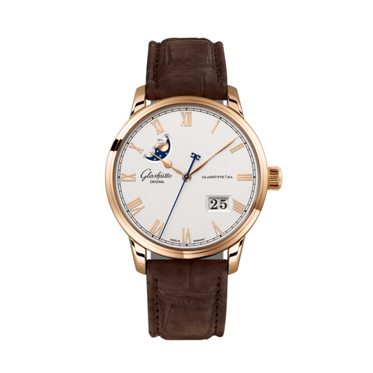 Glashuette Original Senator Excellence Panorama Date Moon Phase 40 mm Silver Dial Red Gold Louisiana   Nubuk Leather Strap, Brown 1-36-24-02-05-62
