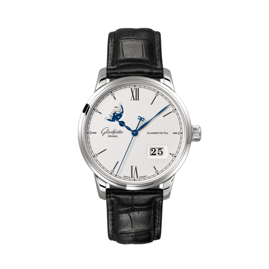 Glashuette Original Senator Excellence Panorama Date Moon Phase 40 mm Silver Dial Stainless Steel Louisiana   Leather Strap, Black 1-36-04-01-02-61