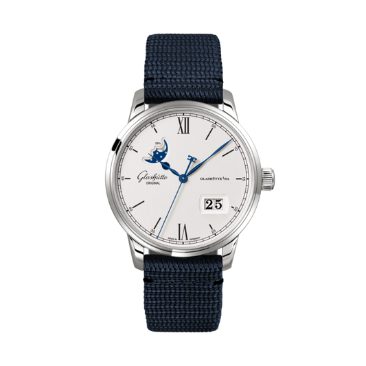 Glashuette Original Senator Excellence Panorama Date Moon Phase 40 mm Silver Dial Stainless Steel Synthetic Strap, Blue 1-36-04-01-02-64