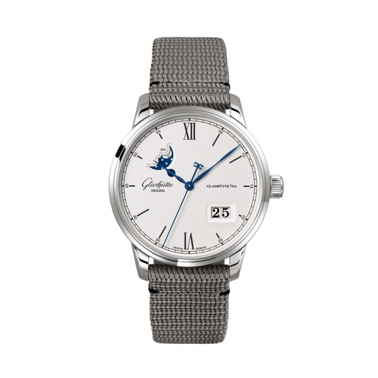 Glashuette Original Senator Excellence Panorama Date Moon Phase 40 mm Silver Dial Stainless Steel Synthetic Strap, Grey 1-36-04-01-02-66