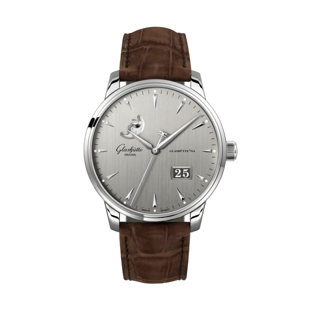 Glashuette Original Senator Excellence Panorama Date Moon Phase 42 mm Silver Dial Stainless Steel Louisiana   Nubuk Leather Strap, Brown 1-36-04-03-02-31