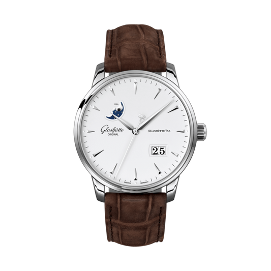 Glashuette Original Senator Excellence Panorama Date Moon Phase 42 mm White Dial Stainless Steel Louisiana   Nubuk Leather Strap, Brown 1-36-04-05-02-31