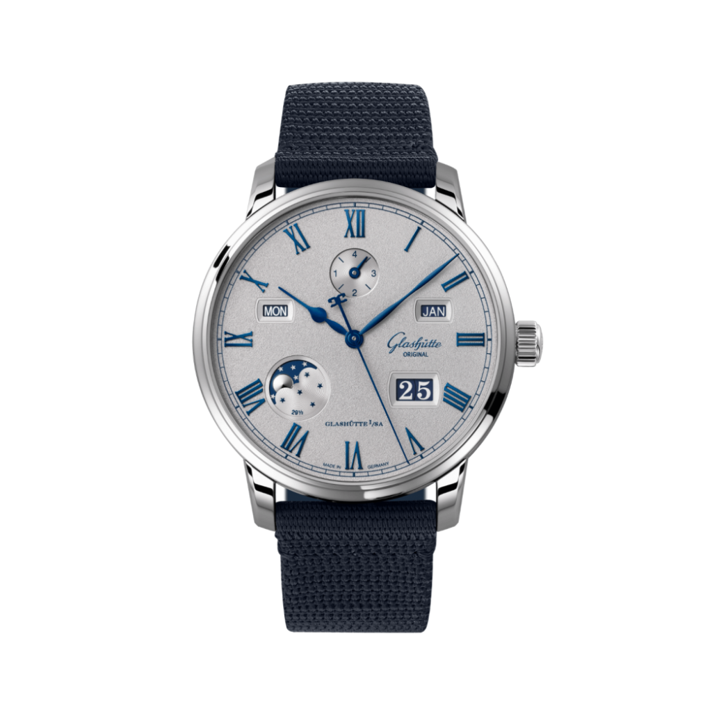 Glashuette Original Senator Excellence Perpetual Calendar 42 mm Grey Dial Stainless Steel Synthetic, Blue Strap 1-36-12-03-02-64