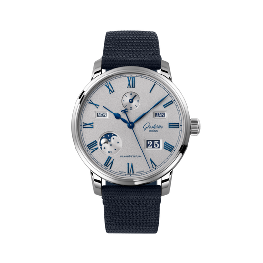 Glashuette Original Senator Excellence Perpetual Calendar 42 mm Grey Dial Stainless Steel Synthetic, Blue Strap 1-36-12-03-02-64