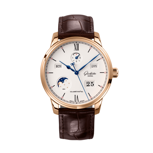 Glashuette Original Senator Excellence Perpetual Calendar 42 mm Silver Dial Red Gold Louisiana   Nubuk Leather Strap, Brown 1-36-02-02-05-61