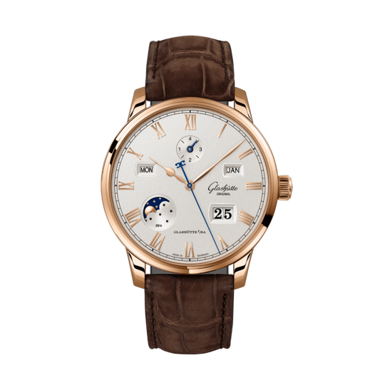 Glashuette Original Senator Excellence Perpetual Calendar 42 mm Silver Dial Red Gold Louisiana   Nubuk Leather Strap, Brown 1-36-12-02-05-62